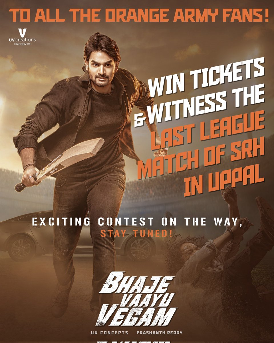 Let's Cheer For #OrangeArmy together 🧡 Win tickets From the team #BhajeVaayuVegam & Witness the LAST LEAGUE Match Of SRH In Uppal! Exciting Contest On the Way, STAY TUNED 🏏 #SRHvsPBKS #BVVOnMay31st @ActorKartikeya @Ishmenon @RAAHULTYSON @Dir_Prashant @UV_Creations