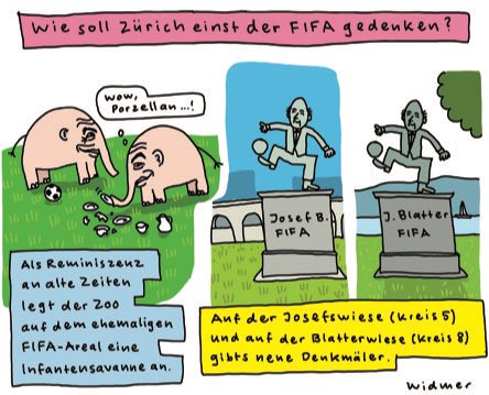 Wird die FIFA Zürich und ihren Sitz neben dem Zoo verlassen? (Tages-Anzeiger, 18.5.24) #fifa #zürich #seppblatter #infantino #tagesanzeiger #cartoon #ruediwidmercartoons