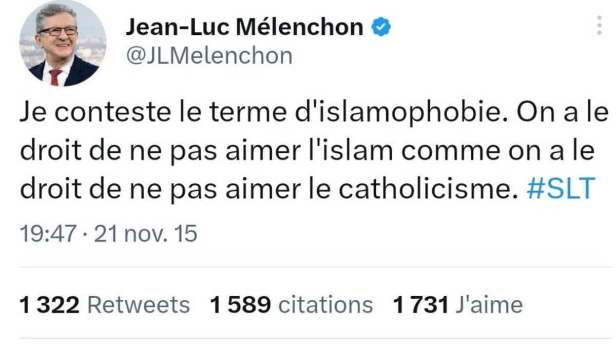 S’il y avait autant de juifs que de musulmans en France alors Jean-Luc Melenchon serait pro-Israël pour preuve.
Il était contre le voile, il contestait l’islamophobie, et disait que dans une guerre il y a obligatoirement des bombardements avec des civils touchés.
Belle