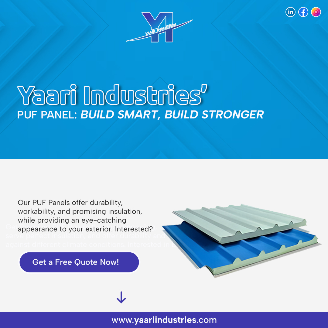 Elevate your building's exterior with Yaari Industries' PUF panels! We offer durability, workability, and superior insulation, all while providing a stylish look. Get a free quote today! #construction #buildingmaterials #PUFpanels #exteriordesign #durability #yaariindustries