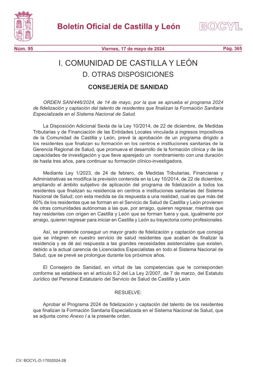 <a href="/Salud_JCYL/">Salud JCYL</a> <a href="/CirugiaHGUCS/">Cirugía General HGUCS</a> <a href="/Farmacia_HGUCR/">FARMACIA HGUCR</a> <a href="/hjoan23/">Hospital Universitari Joan XXIII</a> <a href="/prevencionhryc/">Servicio de Prevención Hospital Ramón y Cajal</a> <a href="/HuvnOftalmo/">OftalmoHUVN</a> <a href="/GranadaHuvn/">Urología HUVN Granada</a> <a href="/RadiologiaValme/">Radiología Hospital Universitario Virgen de Valme</a> <a href="/DigestivoHUVN/">Digestivo Virgen De Las Nieves</a> <a href="/inflamatoriaHVN/">Enfermedad Inflamatoria Intestinal HUVN</a> <a href="/CardiologiaHvn/">Cardiología HUVN Granada</a> <a href="/MedInternaHUVN/">Medicina Interna - HUVN</a> <a href="/hospital_univ/">Otorrinolaringología Hospital Univ. Virgen Nieves</a> <a href="/OftalmologiaRYC/">Servicio Oftalmología Hospital Ramón y Cajal</a> <a href="/FarmaciaHums/">Farmacia Hospital Universitario Miguel Servet HUMS</a> <a href="/gasclinicbcn/">Servei Gastroenterologia Hospital Clínic Barcelona</a> <a href="/serammeA6SALUD/">SERVICIO DE RADIOLOGÍA HOSPITAL MORALES MESEGUER</a> <a href="/anestesiamar/">Servei d'Anestesiologia Hospital del Mar</a> <a href="/CotClinic/">Servei COT Hospital Clínic</a> <a href="/Hosp_MServetEII/">EII Miguel Servet</a> Atención residentes #FSE que acabáis en 2024 <a href="/Salud_JCYL/">Salud JCYL</a> convoca 535 plazas Programa de Fidelización y Captación de Talento 2024
-3 años de contrato
-Ayudas económicas para Formación postgrado
-Facilidades Investigación
Enlace:bocyl.jcyl.es/html/2024/05/1…
No pierdas este #CHOLLO