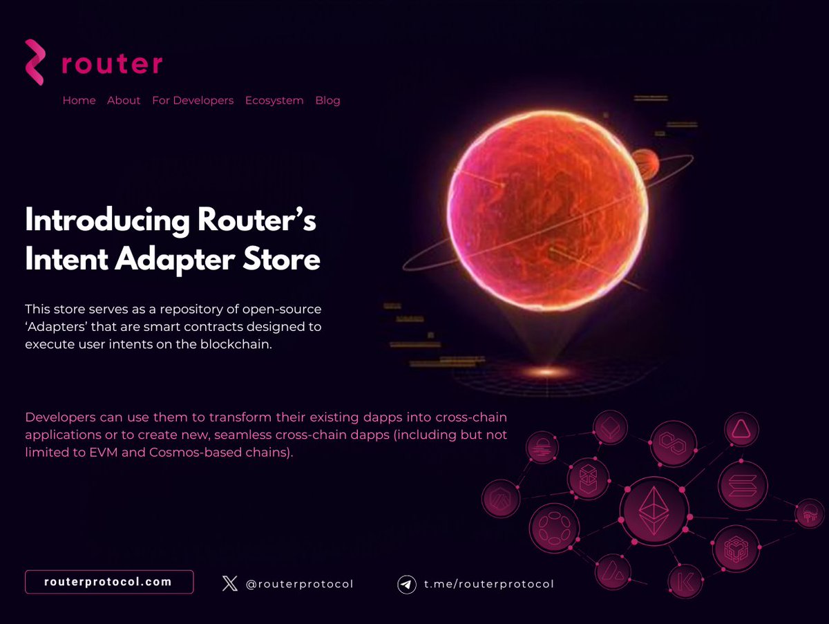 🌐🚀 #Router’s 𝗜𝗻𝘁𝗲𝗻𝘁 𝗔𝗱𝗮𝗽𝘁𝗲𝗿 𝗦𝘁𝗼𝗿𝗲: This store serves as a repository of open-source ‘Adapters’ that are smart contracts designed to execute user intents on the blockchain. 👩‍💻 Developers can use them to transform their existing dapps into cross-chain