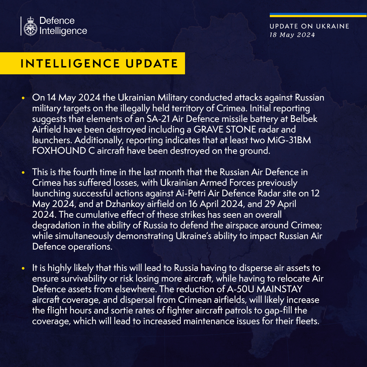 Latest Defence Intelligence update on the situation in Ukraine – 18 May 2024. Find out more about Defence Intelligence's use of language: ow.ly/wpmv50RL12p #StandWithUkraine 🇺🇦