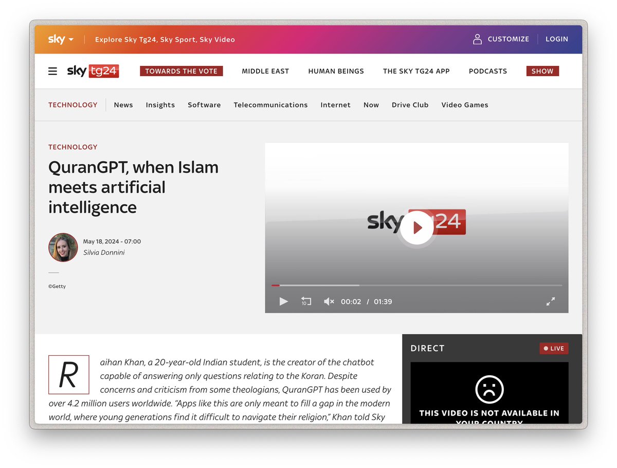 Super stoked to share with ya'll that #QurantGPT got featured at Sky TG24 Italy and I couldn't be happier 😭

First <a href="/TheNationalNews/">The National</a> of Abu Dhabi, then <a href="/sciam/">Scientific American</a> of America, and now <a href="/SkyTG24/">Sky tg24</a> of Italy!

QuranGPT is making me super proud with every passing day ✨