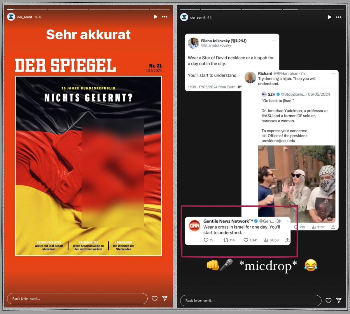 'Der Semit' ist ein Account, der auf Instagram in linken antizionistischen Kreisen geteilt wird.

Links bestätigt er Deutschland nichts gelernt zu haben.

Rechts macht er *micdrop* mit Screenshot aus einem neo-Nazi Account.

Deutscher Antizionismus am äußersten Limit.