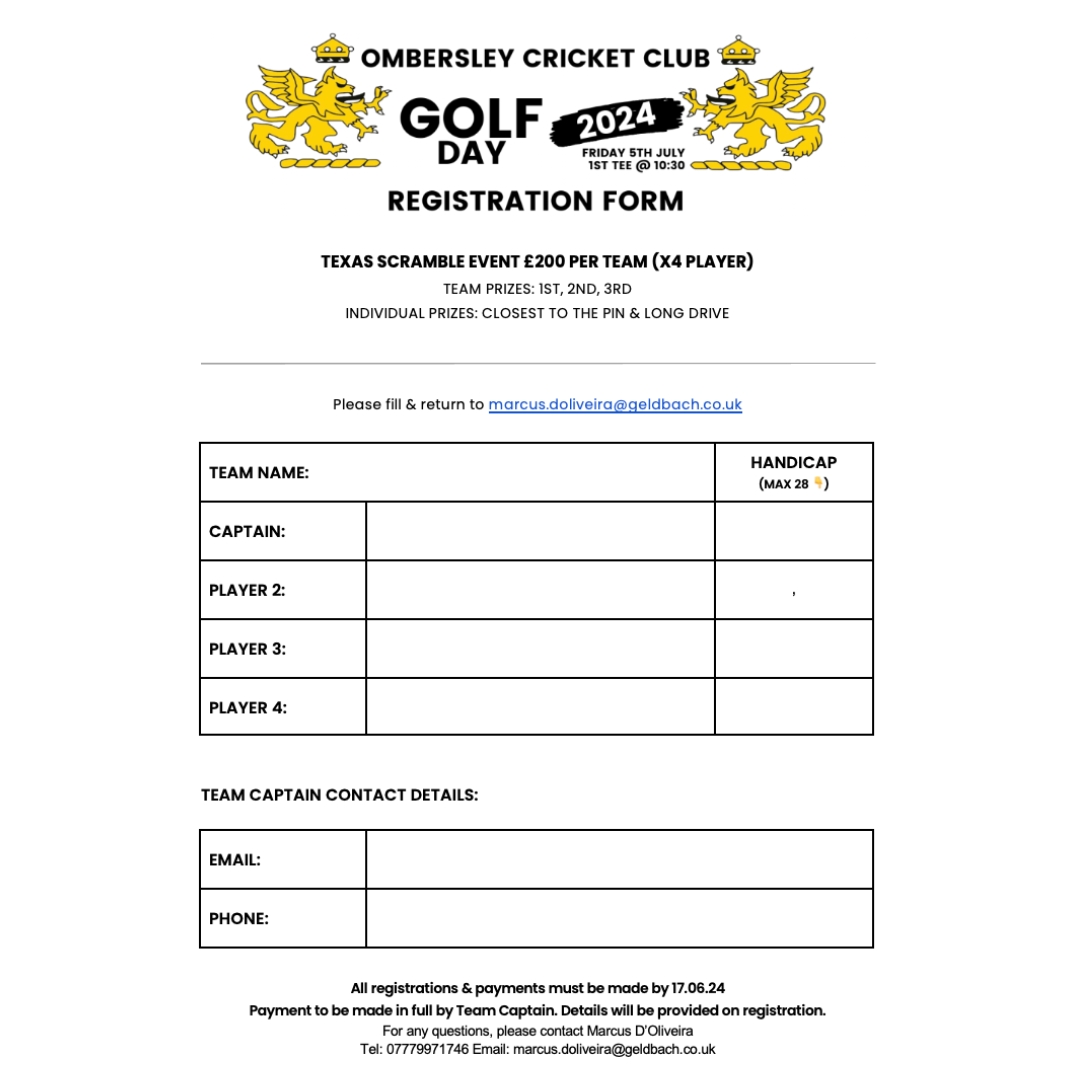 📢⛳️ OMBERSLEY CRICKET CLUB GOLF DAY ⛳️ 📢

🗓️ 5th July 2024
📍Droitwich Golf Club, WR9 0BQ
❗️Registration closes on 17th June 2024.

Registration form available in our clubhouse or download the form here: i.mtr.cool/wcgcfibunx

#ombersleycricketclub #eventsombersley #droitwich