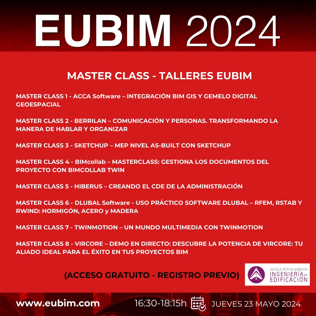 Grupo Usuarios Revit | BIM ➡️ Valencia (@gurv_es) on Twitter photo La próxima semana comienza <a href="/_eubim/">EUBIM ® Congreso Internacional BIM</a> en #Valencia en la Escuela Técnica Superior de Ingeniería de Edificación ETSIE <a href="/UPV/">Universitat Politècnica de València</a>
Accede al programa completo en eubim.com Talleres y Masterclass gratuitos ✅ Registro previo!!
#EUBIM2024 La próxima semana comienza <a href="/_eubim/">EUBIM ® Congreso Internacional BIM</a> en #Valencia en la Escuela Técnica Superior de Ingeniería de Edificación ETSIE <a href="/UPV/">Universitat Politècnica de València</a>
Accede al programa completo en eubim.com Talleres y Masterclass gratuitos ✅ Registro previo!!
#EUBIM2024