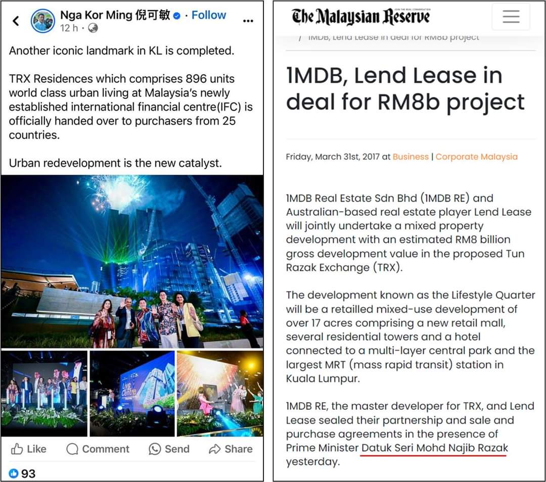 Nga Kor Ming kata projek TRX Residences adalah IKONIK, WORLD-CLASS, CATALYST...

Fuh . . . . memang best. Power.

Tapi TRX Residences ialah projek usaha sama antara syarikat Australia Lendlease dengan 1MDB yang dimulakan zaman Najib.

Bukan projek Madani, ya.