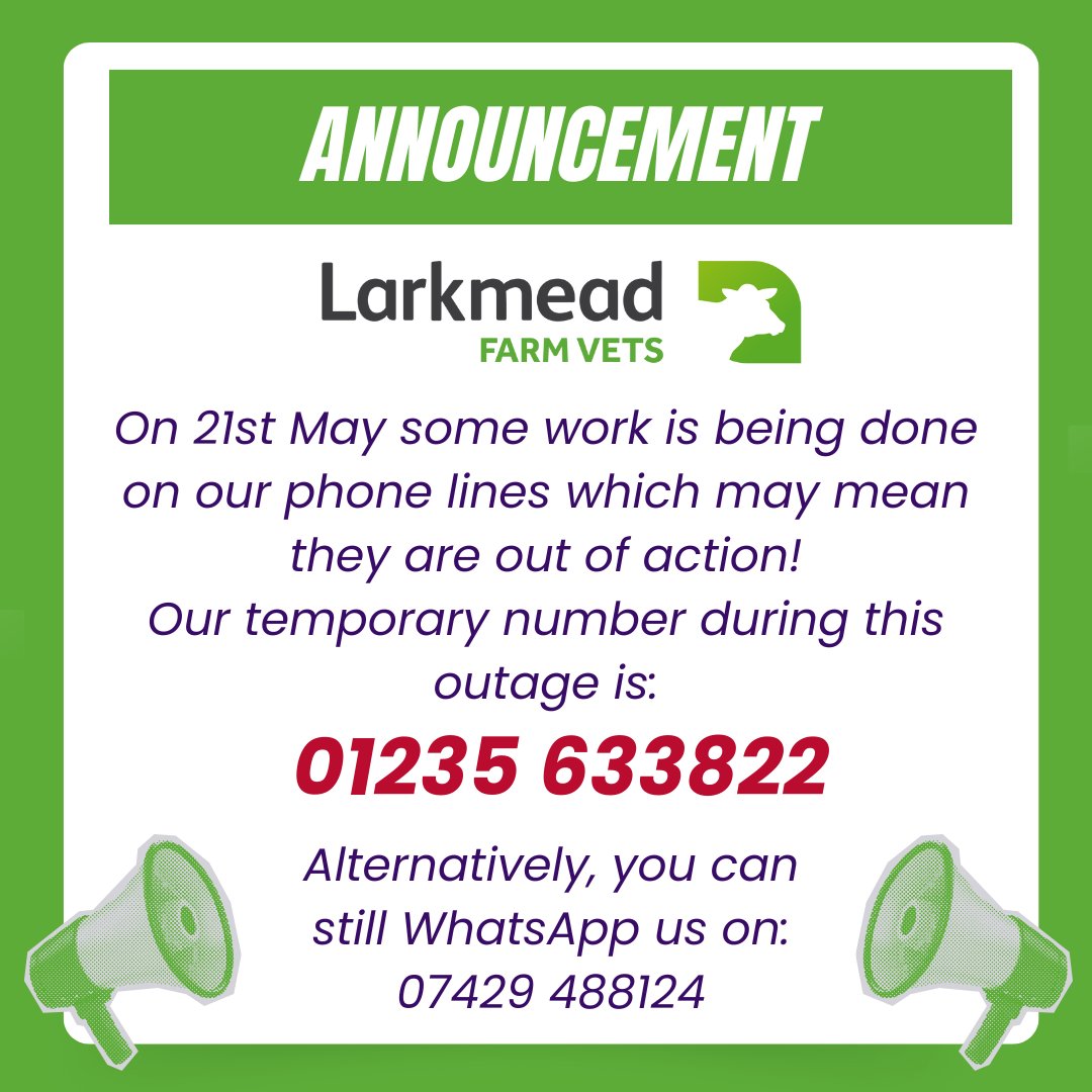 Due to a BT upgrade, our usual phone number will be out of action on Tues 21/5. During this time, please call 01235 633822. 
Normal service via 01491 651479 should resume on 22/5. Our WhatsApp service will be available on 07429 488124.