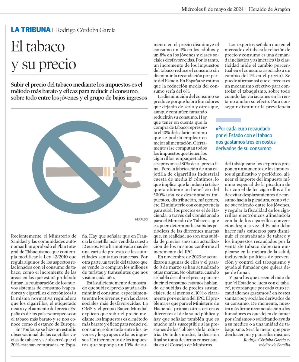 Un ↗️de los impuestos con un 10% ↗️en el precio del #TABACO, BAJA ↘️↘️el  consumo un 4% en ADULTOS y un 8% en los JÓVENES y clases sociales desfavorecidas. El DINERO recaudado tiene que destinarse a PREVENCIÓN y AYUDA a quien quiera DEJARde fumar👉Artículo de <a href="/rodrigocordobag/">Rodrigo Cordoba Garc</a>