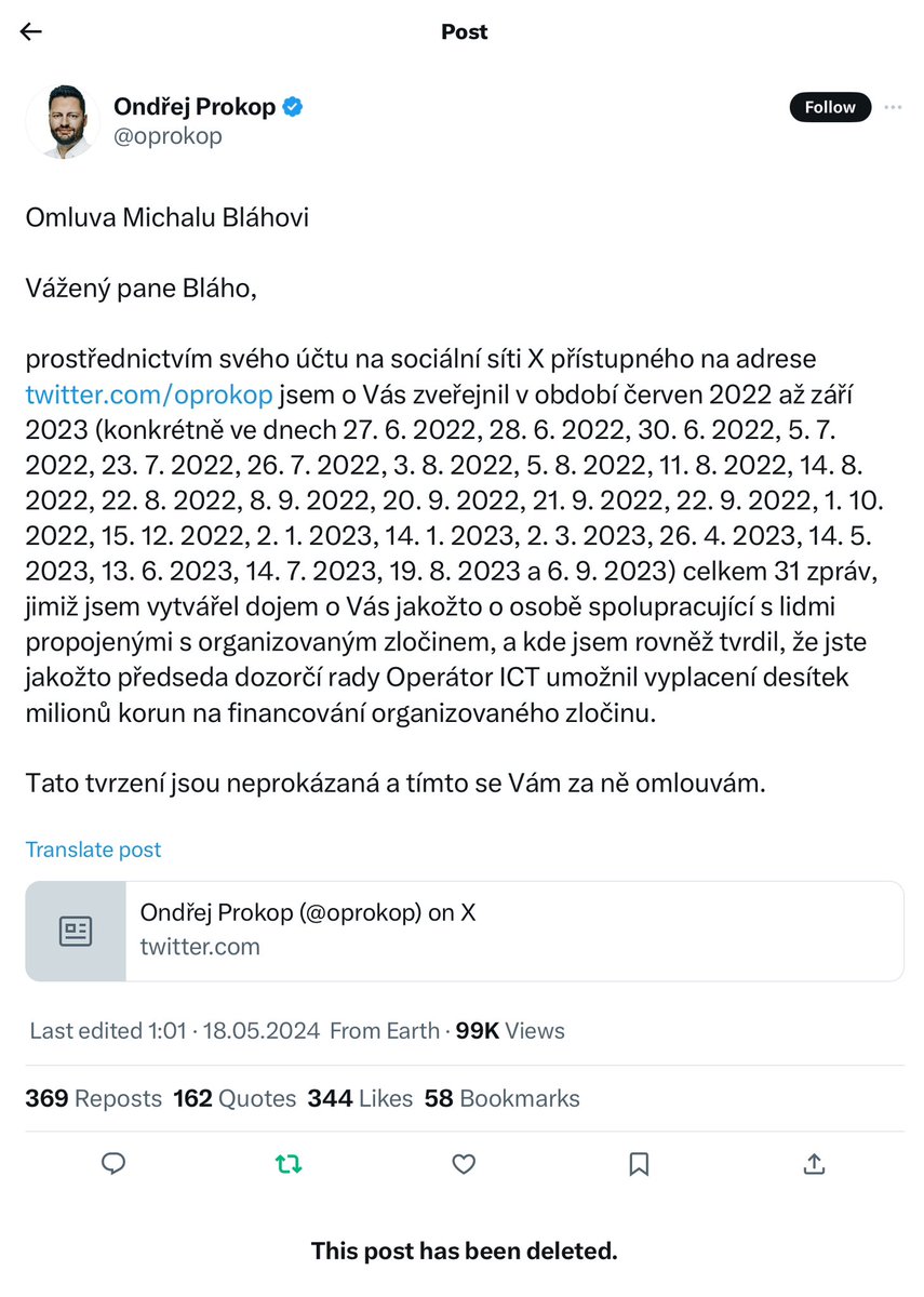 Posledniskaut's tweet photo. Jestli bylo důvodem smazání noční omluvy a publikování nové to, že měla skrz retweety příliš velký dosah (obsah je stejný), tak to se moc nepovedlo. https://t.co/KqIU4H5dek
