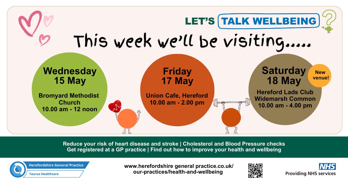 For the first time, our Talk Wellbeing team will be at Herefords Lads Club on Widemarsh Common today from 10.00 am - 4 pm. We'd love to see you if you're in the area - please come and say hello to our team! See below or visit our website: herefordshiregeneralpractice.co.uk/health-and-wel…