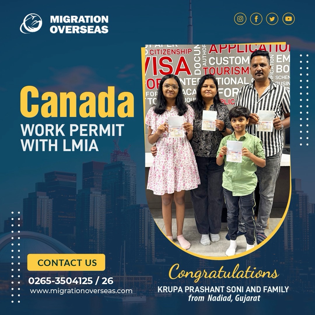 Congrats Mrs. Krupa prashant Soni and family from #Nadiad #Gujarat for #Canada 🇨🇦 #WorkPermit with #LMIA #MigrationOverseas. Call +91-265-3504125 for an Appointment.