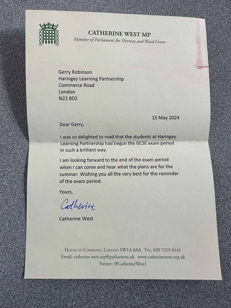 Thank you to our MP @CatherineWest1 who read in our newsletter about our students’ start to the exam season & wrote us this lovely letter! #proud #ThisIsAP