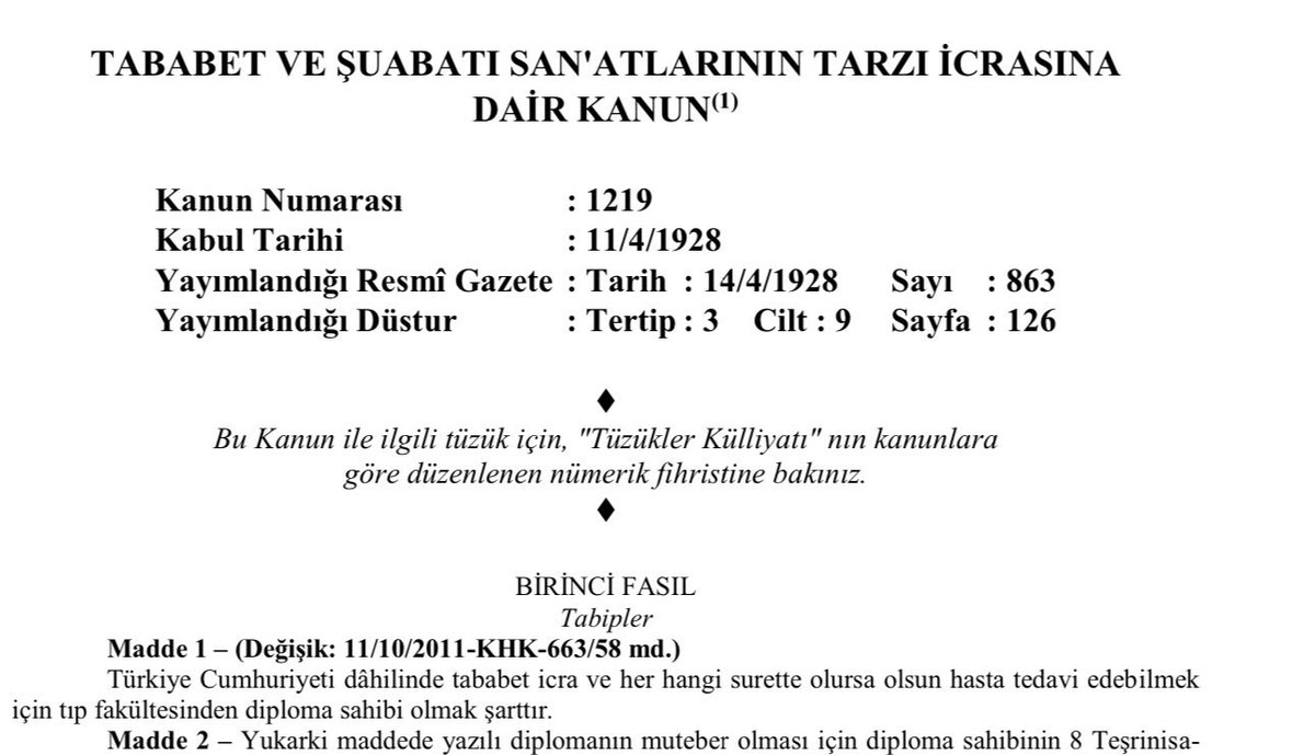 ✅ “Tababet ve Şuabatı san’atlarının tarzı icrasına dair kanun”a göre Türkiye Cumhuriyeti sınırları içerisinde Hekimler dışında hiçbir meslek grubu tanı ve tedaviye yetkili değildir!

❌Hekimlerin meslek sınırlarının gayrı hukuki bir şekilde ihlal edilmesine izin vermeyeceğiz.