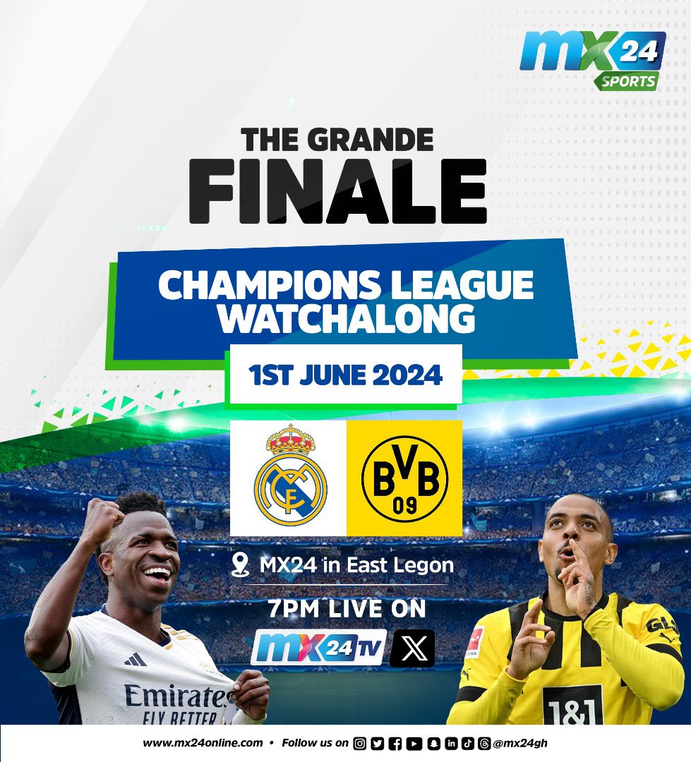 We’re looking for 20 die hard Real Madrid & Borussia Dortmund fans to join us at our MX24 Studios for the champions league watch along. If you think you fit the criteria hit the link mx24.app/CLWatchalong to register to join us on Sat 1st June. #mx24gh #mx24sports