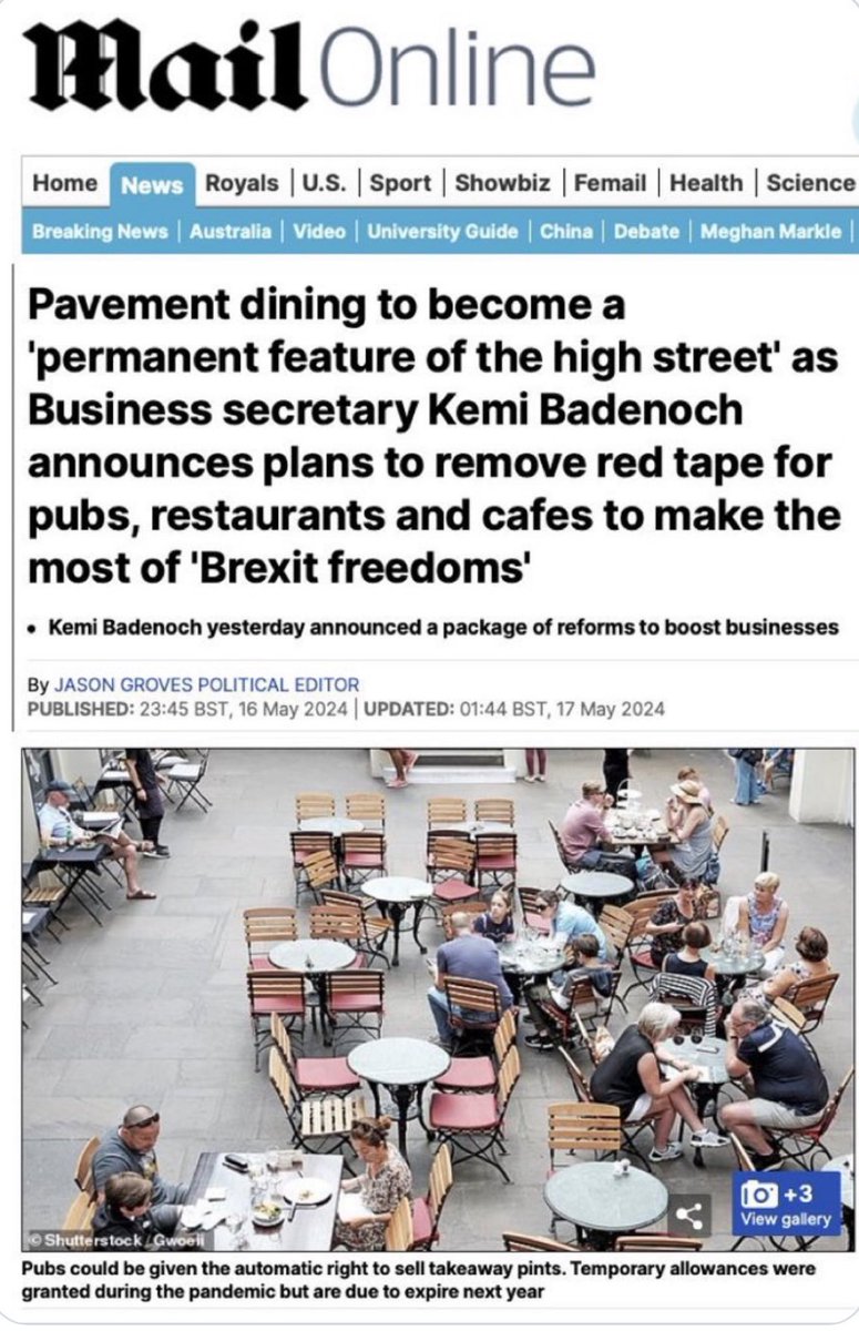 Memo to Kemi Badenoch. The reason “pavement dining” wasn’t a thing in Britain (unlike most of Europe) was not membership of the EU. (Has she ever been to Europe?) The main reason was our notoriously fickle WEATHER. Our Brexit Overlords really do think we’re stupid?