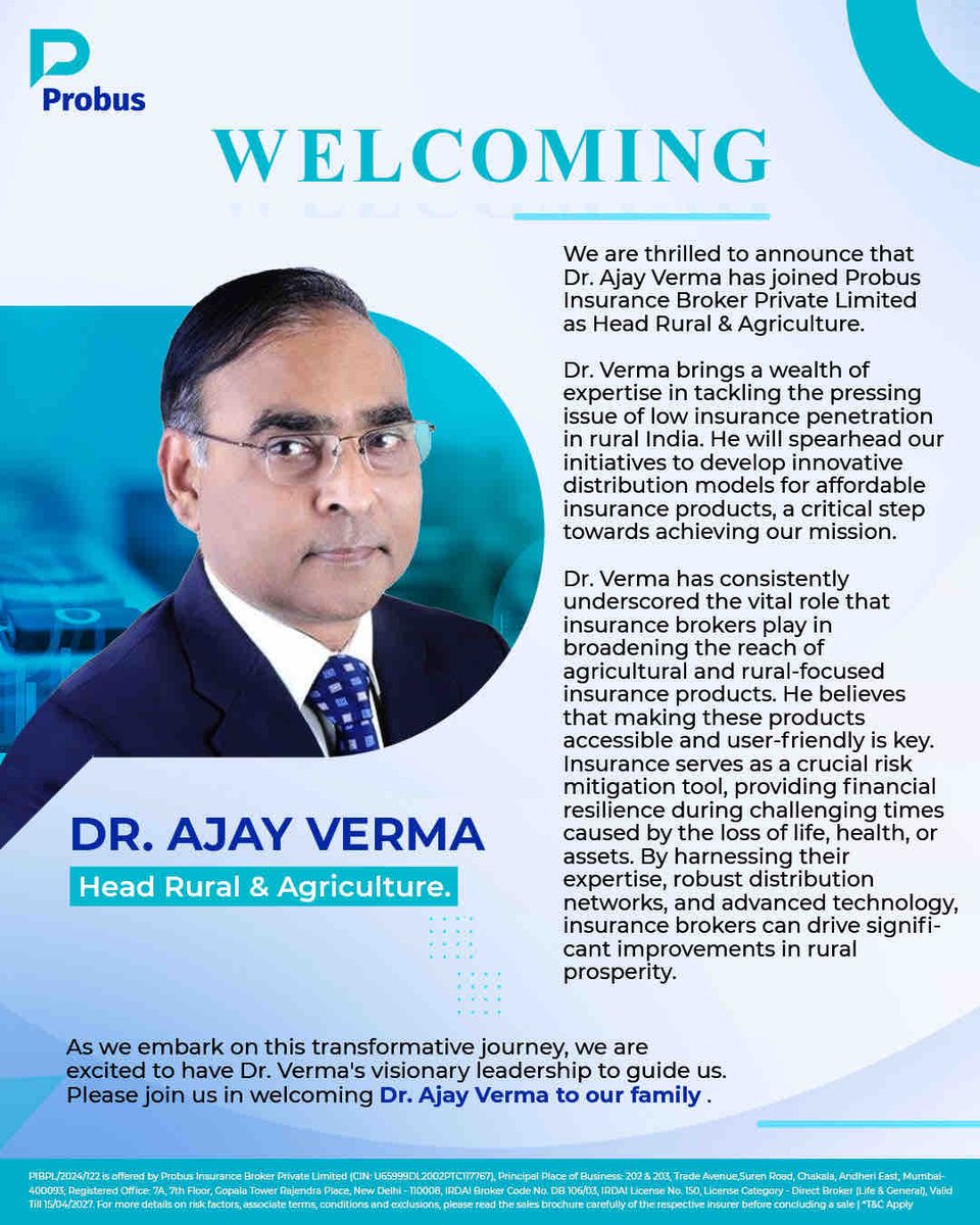 ProbusInsurance's tweet image. Honored to introduce Dr. Ajay Verma as our new Head Rural &amp;amp; Agriculture at Probus Insurance! With his extensive expertise, Dr. Verma is set to drive groundbreaking growth and innovation.

Welcome aboard, Dr. Verma!

#ProbusInsurance #Leadership #Innovation #Growth