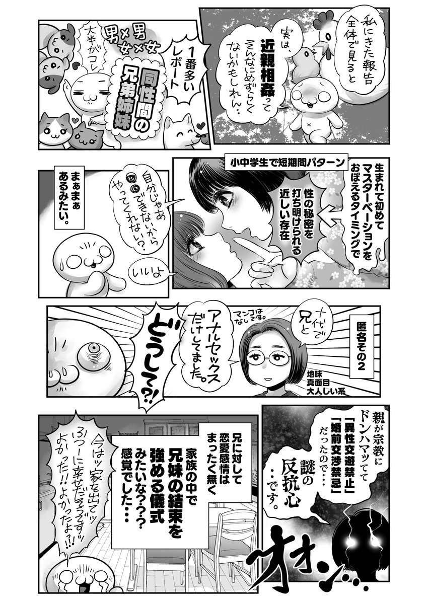 近親相姦の報告パターンを見ると
『幼年～中学生くらいまで・同性の兄弟姉妹間による相互自慰補助』が一番多かった🤔どちらかというと姉妹の報告がやや多めでした。恋愛感情への発展は無い事がほとんど。2/2
※今回は虐待事案含まず 