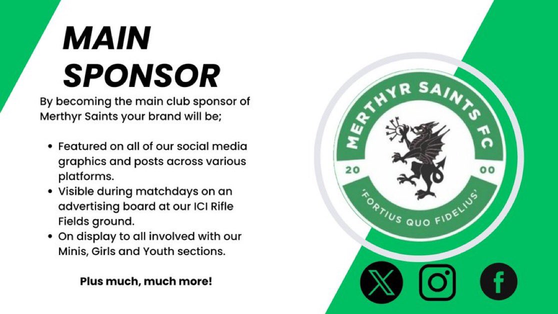📣 Main Sponsor Needed 

We are looking for a new main sponsor for the upcoming 24-25 season. 

If you'd like to get in touch and discuss the opportunities for you and your business, make sure to send us a DM or contact us at info@merthyrsaintsfc.com