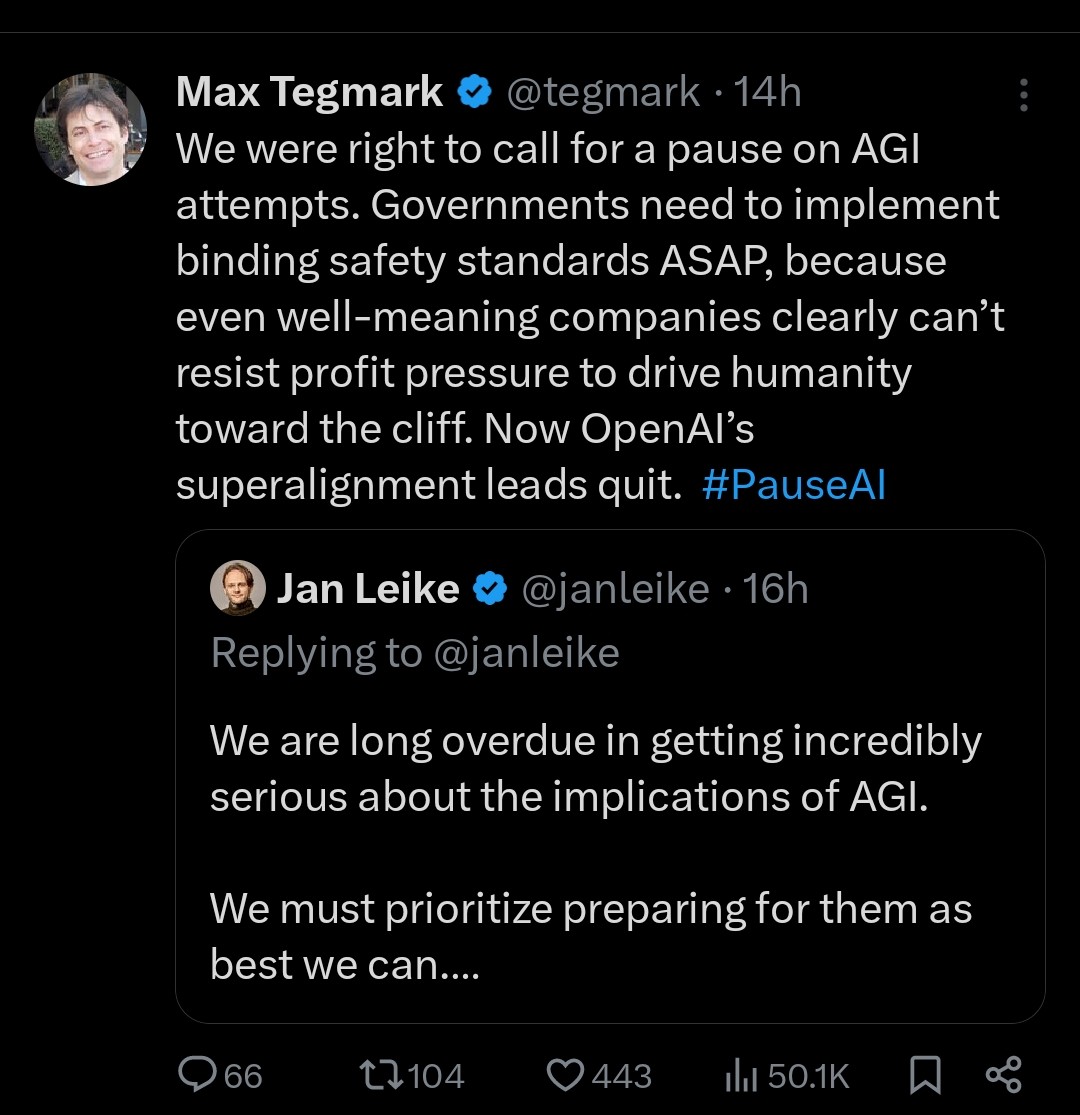 Lot of absurd takes like this on the superalignment team leaving OpenAI. The more likely reason they left is not because Ilya and Jan saw some super advanced AI emerging that they couldn't handle but that they didn't and as the cognitive dissonance hit, OpenAI and other