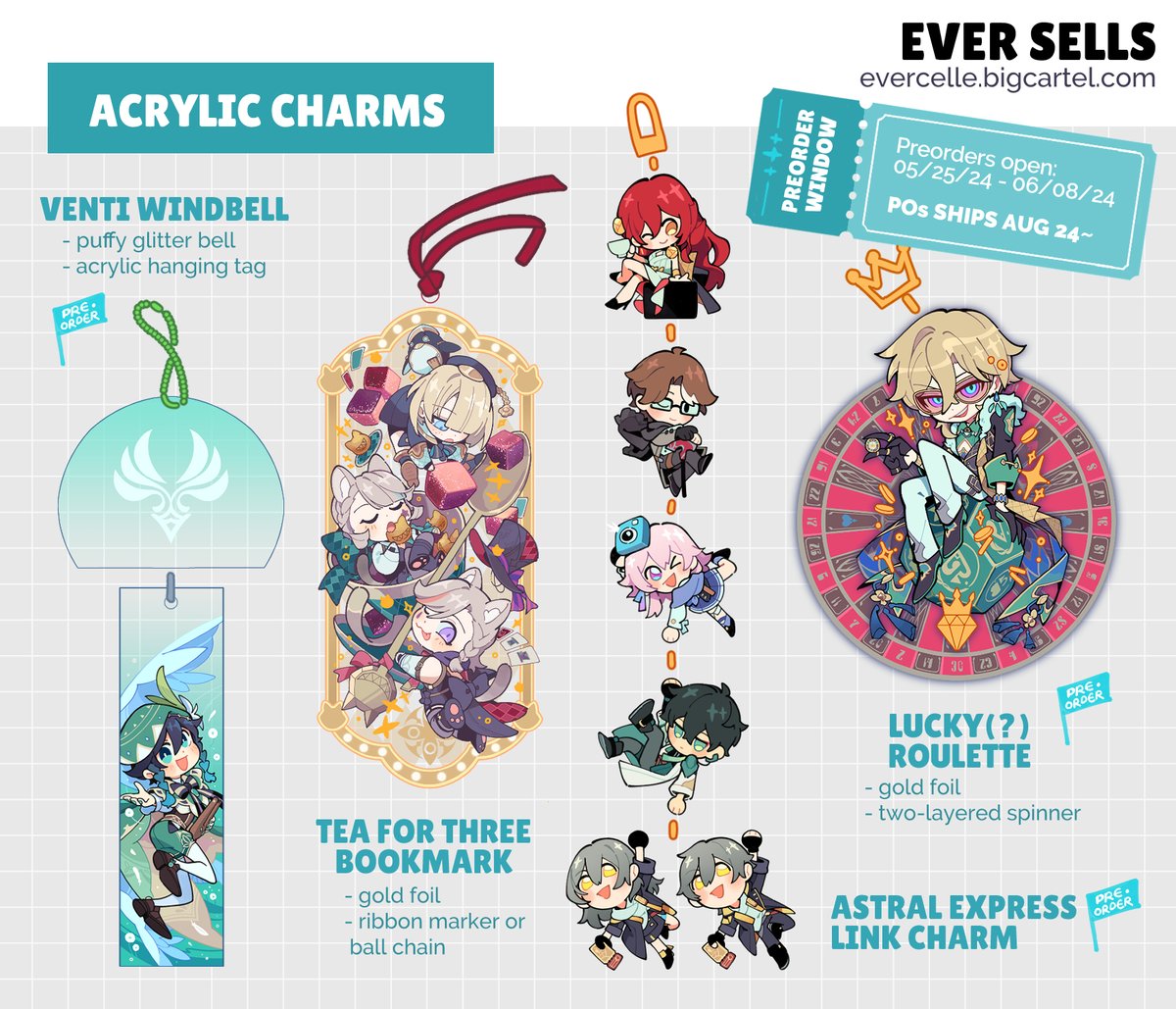 lolevercelle's tweet photo. [sh0ptalk!] hi hello i'll be opening up next week, SAT 05/25/24 @ 12pm (PT)! it'll be a mix of preorders for aventurine, astral express and venti charms plus in-stock genshin, v3 and dunmeshi stuff. see ya then!! ✨ https://t.co/XbyPz8tpLc