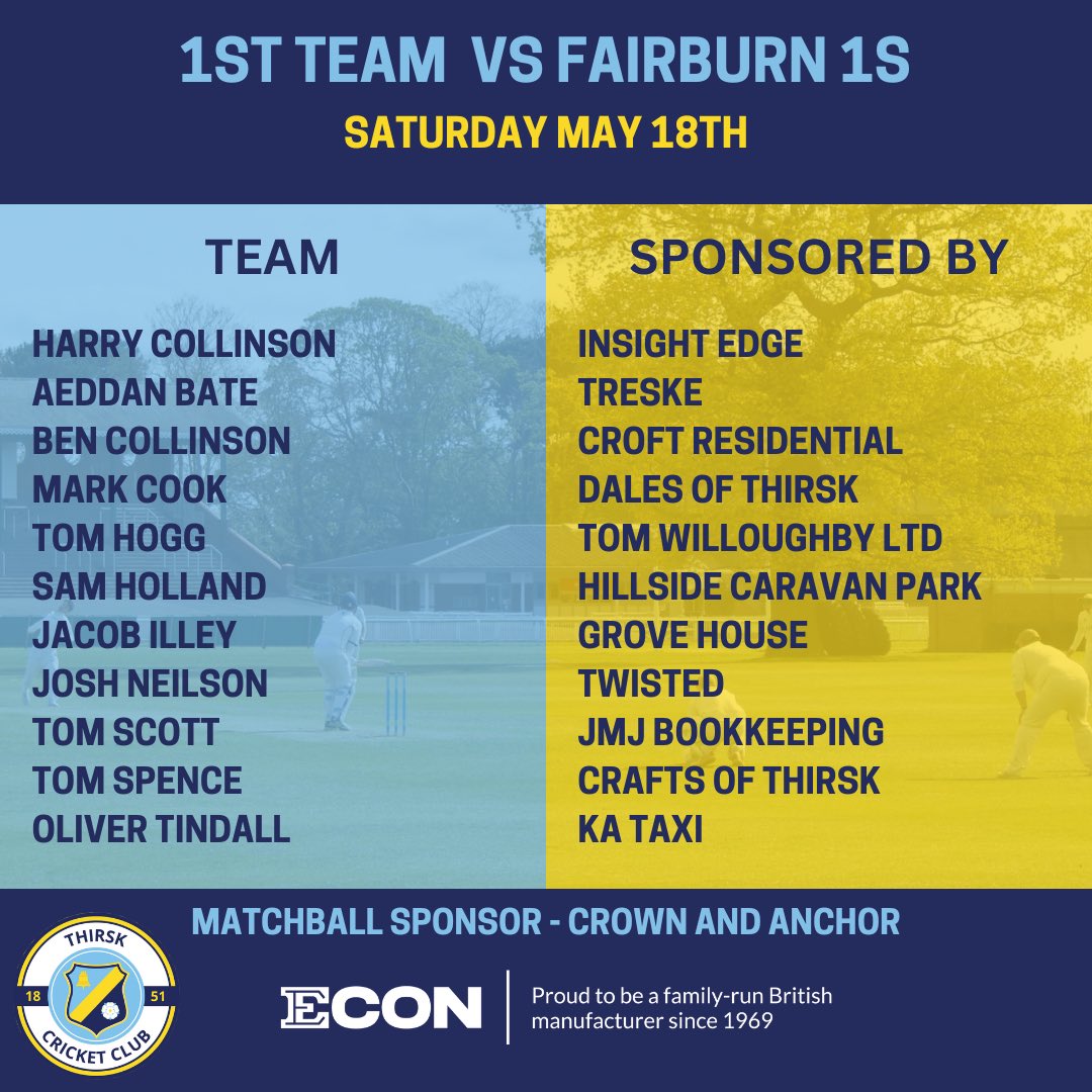 The 1s take the trip over to Fairburn today. Matchball is kindly sponsored by Crown And Anchor Sowerby