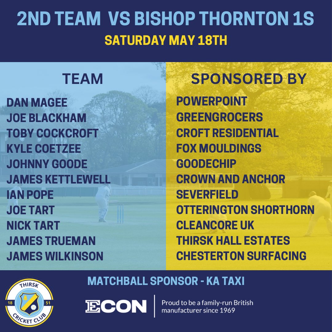 The 2s welcome Bishop Thornton to Rainton (due to Races) as they look to continue their 100% start to the season. Matchball is kindly sponsored by KA Taxi’s Thirsk