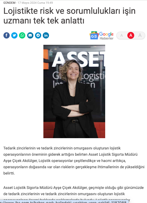AssetGli's tweet photo. Asset Lojistik Sigorta Müdürü Ayşe Çiçek Akdülger'in İHA'da yayınlanan "Lojistikte risk ve sorumlulukları" başlıklı yazısına linkten ulaşabilirsiniz.
Keyifli okumalar dileriz.
https://t.co/G7La9ecU3v
#AssetGLI #CargoInsurance #AssetCargoInsurance https://t.co/jCzTSEY8kV