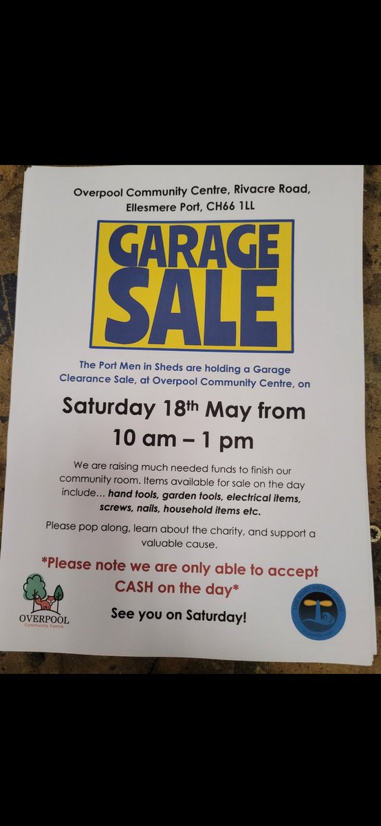Today from 10am - 1pm it’s The Port Men in Sheds garage sale, at Overpool Conmunity Centre, Rivacre Rd