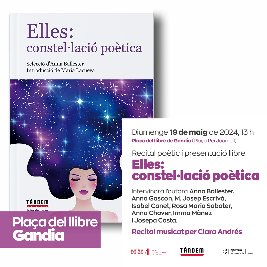 Dg 19, 13 h, a @placadelllibre #Gandia, ens hi ajuntarem una bona colla de poetes i amigues. Celebrarem que la constel·lació poètica creix i gaudirem en directe de la cantautora @clara_andres No sabeu el comboi que tenim! @IsabelCanetF