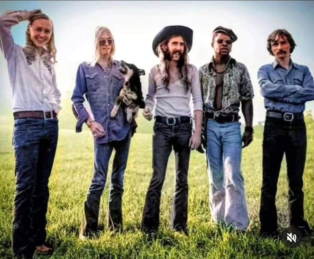 The Allman Brothers Band at the James Arness Ranch in Simm Valley, California, during the opening leg of the 1972 'Eat A Peach' tour. (Left to Right): Butch Trucks, Gregg Allman, Berry Oakley, Jaimoe and Dickey Betts.