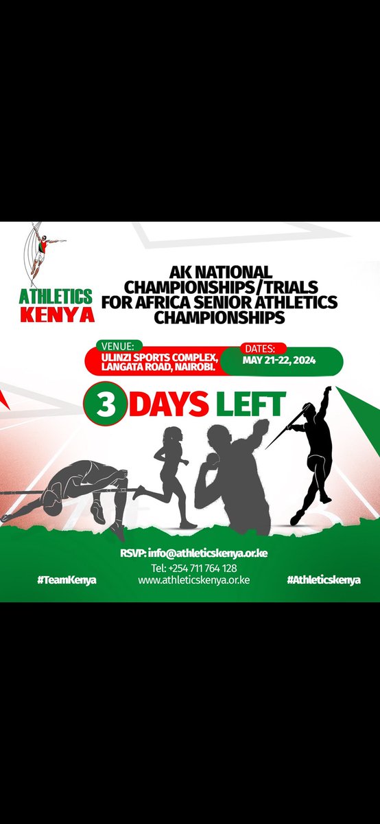 Athletics Kenya 🇰🇪 invite you to the NATIONAL CHAMPIONSHIPS/TRIALS FOR AFRICA SENIOR ATHLETICS CHAMPIONSHIPS 2024. Join us at Ulinzi Sports Complex as we celebrate our athletic stars. VENUE: ULINZI SPORTS COMPLEX, LANGATA ROAD, NAIROBI. Dates: May 21-22, 2024. Time: 8:30AM