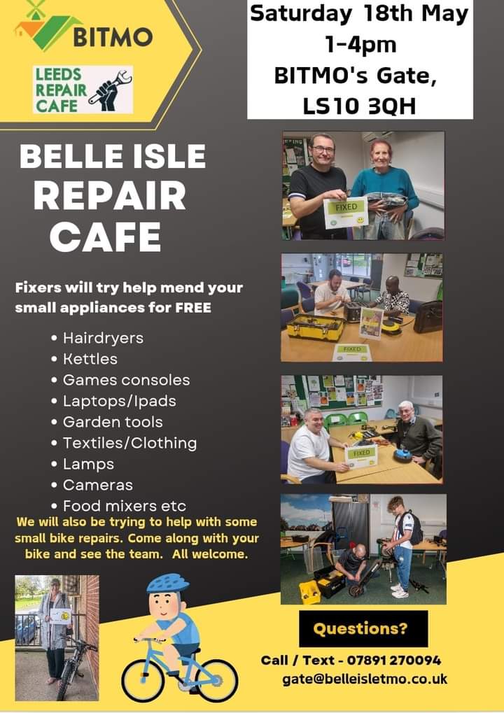 Got broken stuff? Belle Isle TMO are hosting their latest @RepairCafeLeeds event today (Sat 18 May): facebook.com/events/s/belle…. All household items welcome, including bikes. A free volunteer-led project. Also drop in to find out about getting involved. Let's fix #Leeds.