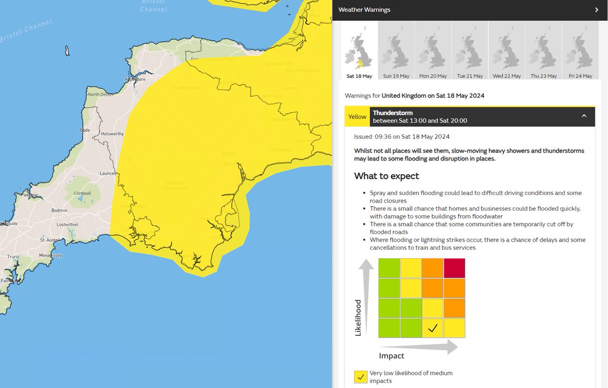 #Devon The Met Office have issued a yellow weather warning for Thunderstorms between 13:00 and 20:00 today. Whilst not all places will see them there may be some disruption this afternoon. JC @BBCDevon @StagecoachSW