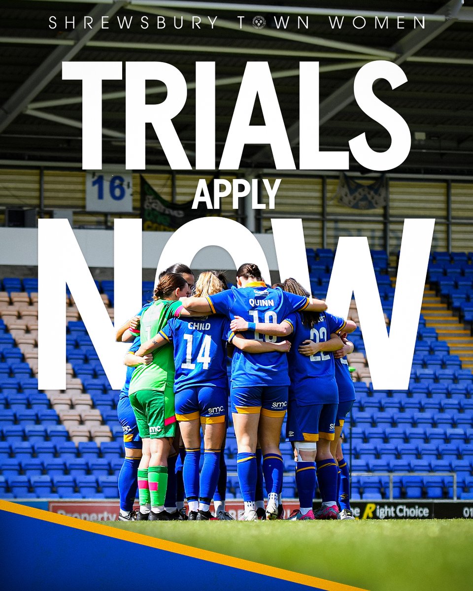 2024/25 Trials! Do you want to play for Shrewsbury Town Women next season? Register your interest for trials by filling in the following form ⬇️ docs.google.com/forms/d/1HWmHm… 🚨│ Applications close on the 26th May! 🔷🔶 #Salop