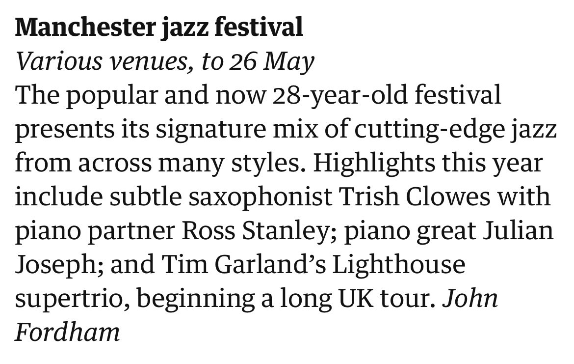 In excellent company here… thanks to John Fordham for the shout out in the @guardian … Ross & me play @ManJazzFest on Friday May 24th at 5.30pm manchesterjazz.com/events/trish-c… (I reserve the right to be unsubtle as well 😂)