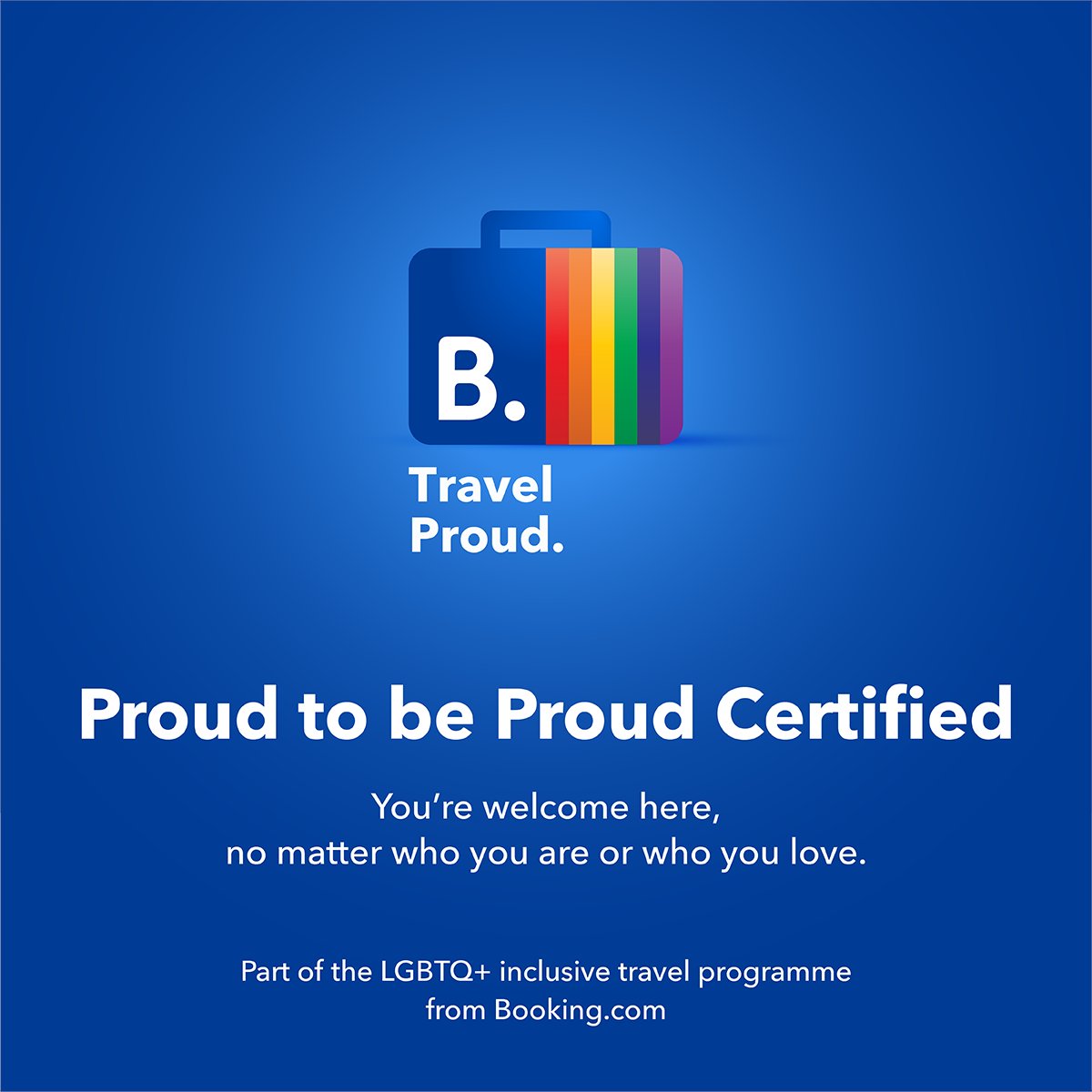 We’re committed to offering inclusive hospitality for our LGBTQ+ guests, so we’ve completed training to become Proud Certified. Everyone is welcome and free to be themselves here – no matter who they are or they love. #TravelProud #ProudCertified #ProudHospitality