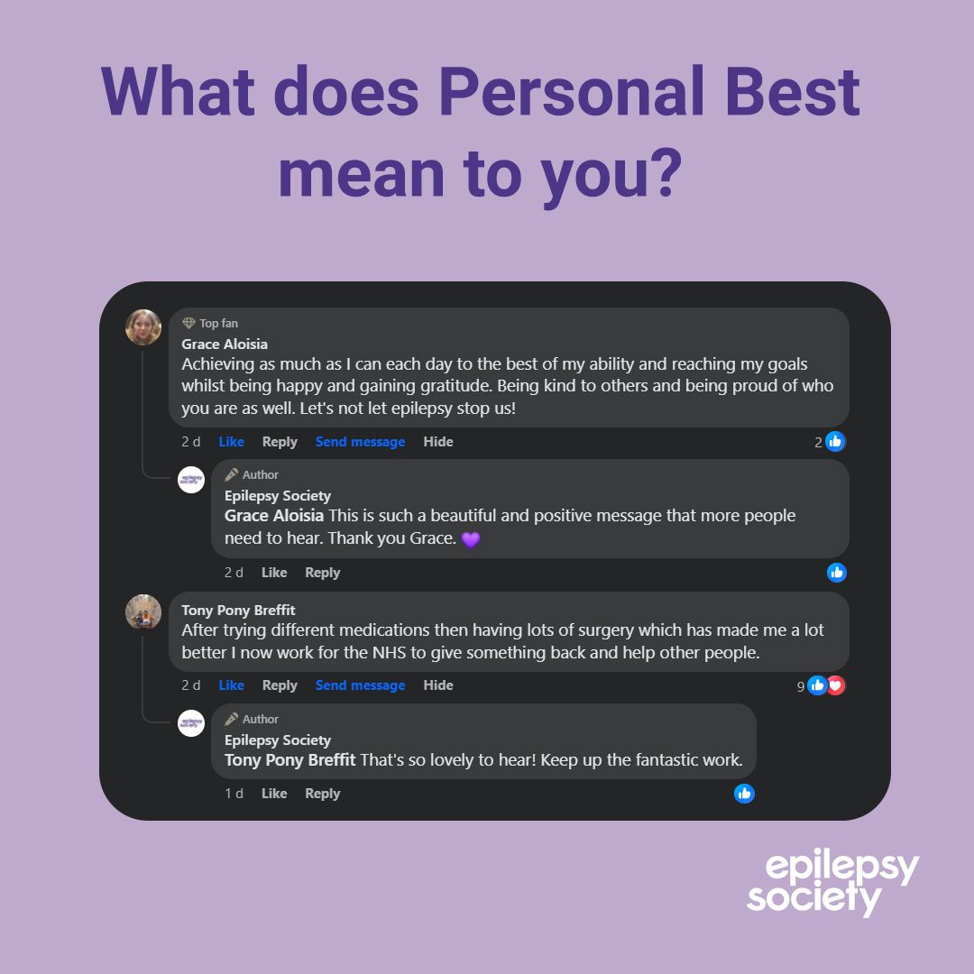 epilepsysociety's tweet photo. What does Personal Best mean to you?
We posed this question to you earlier in the week, and here are just a handful of the responses we received. Let us know your #PersonalBests down in the comments below. ππ
#NationalEpilepsyWeek #TeamPurple https://t.co/7fQ1TXhcnk