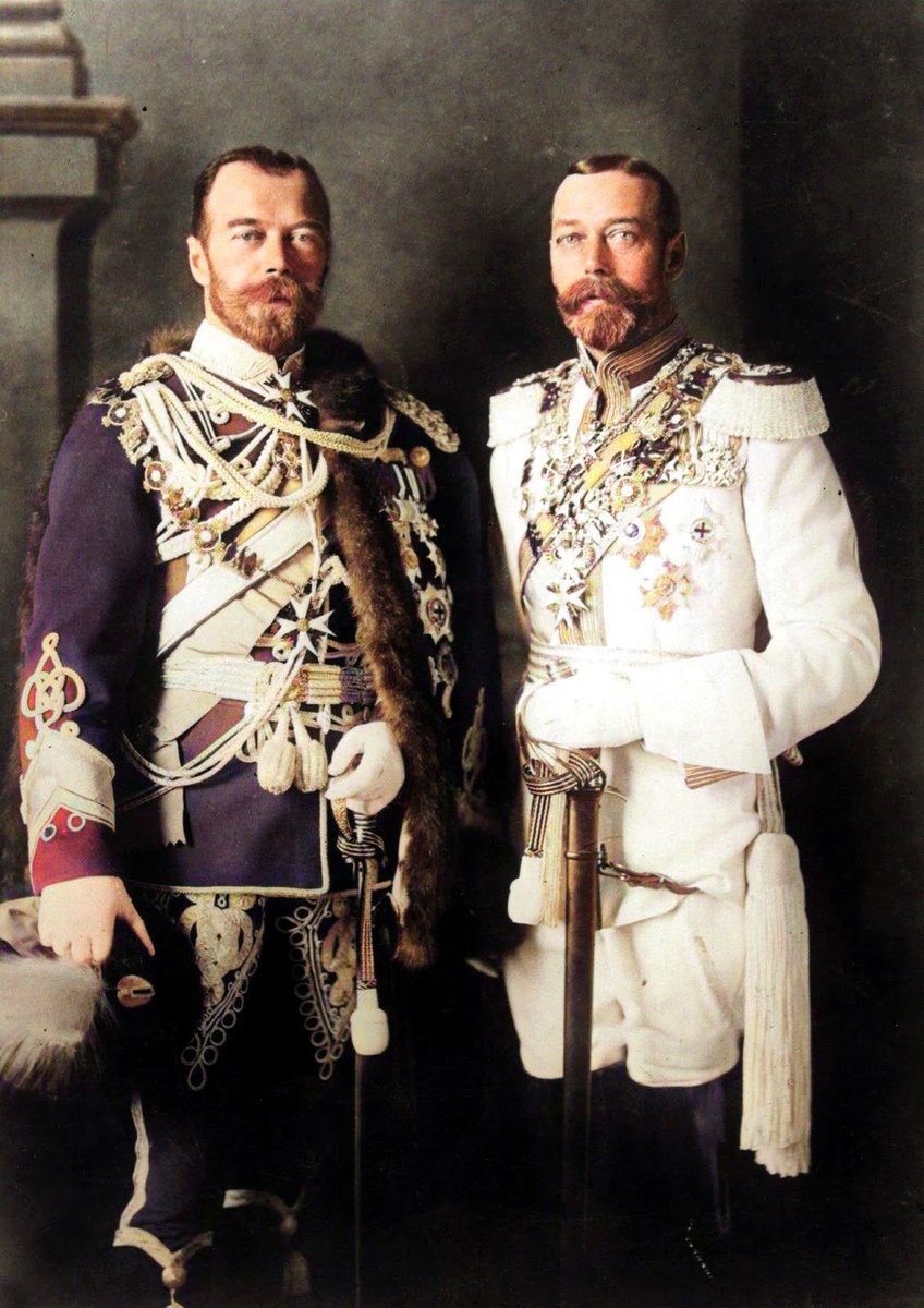 King George V and his physically similar cousin Tsar Nicholas II in German military uniforms in Berlin 1913. #kinggeorge #georgevi #nicholasii #royalfamily #colourised