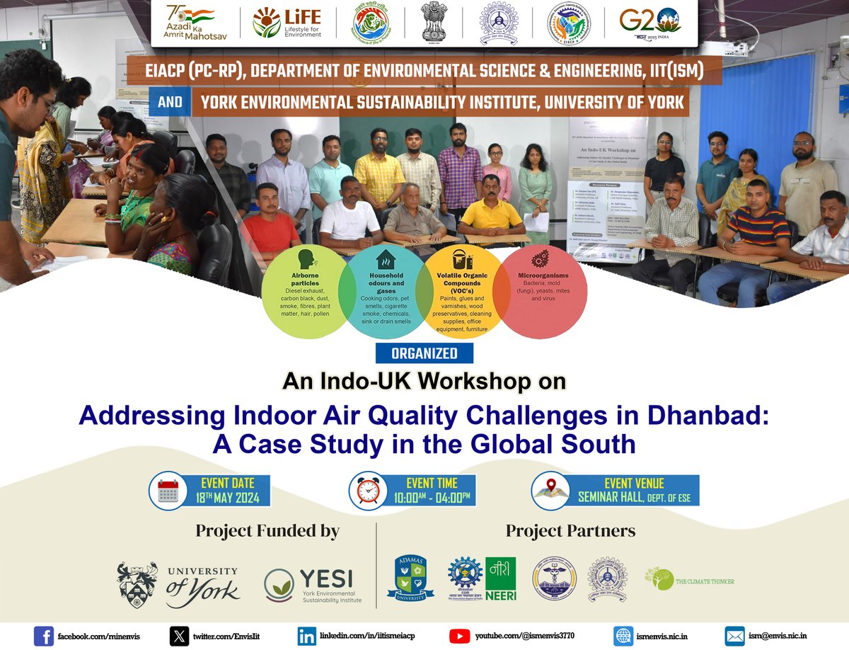 EIACP (PC-RP), Dept. of ESE, @IITISM_DHANBAD & York Environmental Sustainability Institute, @UniOfYork on 18.05.2024 organized an Indo-UK Workshop on IAQ Challenges in Dhanbad: A Case Study in the Global South.
#MissionLiFE #IndoorAirQuality #ProPlanetPeople
@moefcc
@EIACPIndia