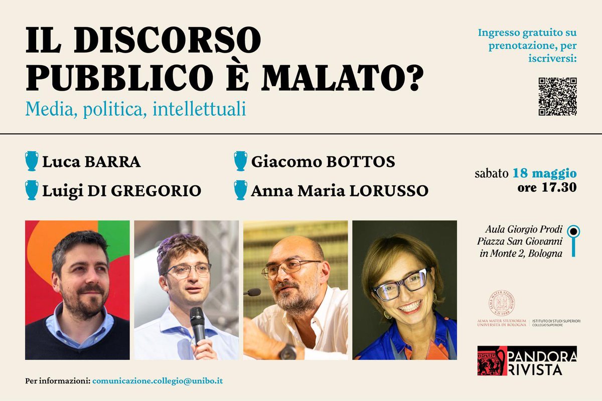 Pandora Rivista (@pandorarivista) on Twitter photo Oggi alle 17:30 a Bologna un dialogo con <a href="/luca_barra/">Luca Barra</a>, <a href="/ldigregorio75/">Luigi Di Gregorio</a>, <a href="/lorusso_anna/">anna maria lorusso</a> e <a href="/GiacomoBottos/">Giacomo Bottos</a> su discorso pubblico, media, politica e intellettuali. Info e prenotazioni: pandorarivista.it/event_listing/… Oggi alle 17:30 a Bologna un dialogo con <a href="/luca_barra/">Luca Barra</a>, <a href="/ldigregorio75/">Luigi Di Gregorio</a>, <a href="/lorusso_anna/">anna maria lorusso</a> e <a href="/GiacomoBottos/">Giacomo Bottos</a> su discorso pubblico, media, politica e intellettuali. Info e prenotazioni: pandorarivista.it/event_listing/…