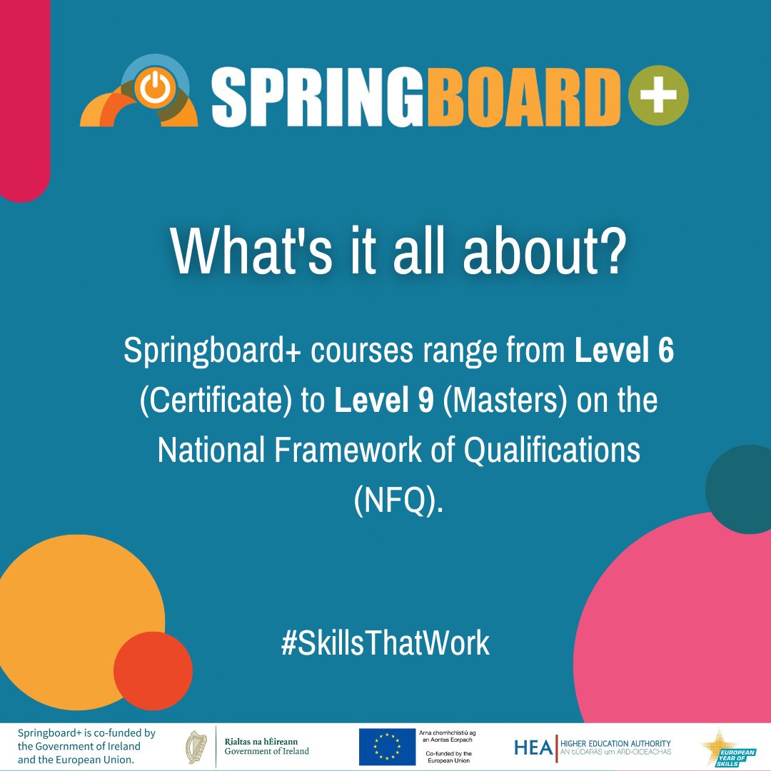 So, what’s #SpringboardPlus all about? Springboard+ is a Government initiative which provides free or heavily subsidised places on selected higher education courses, to reskill or upskill people in areas where job opportunities are growing in Ireland. #SkillsThatWork