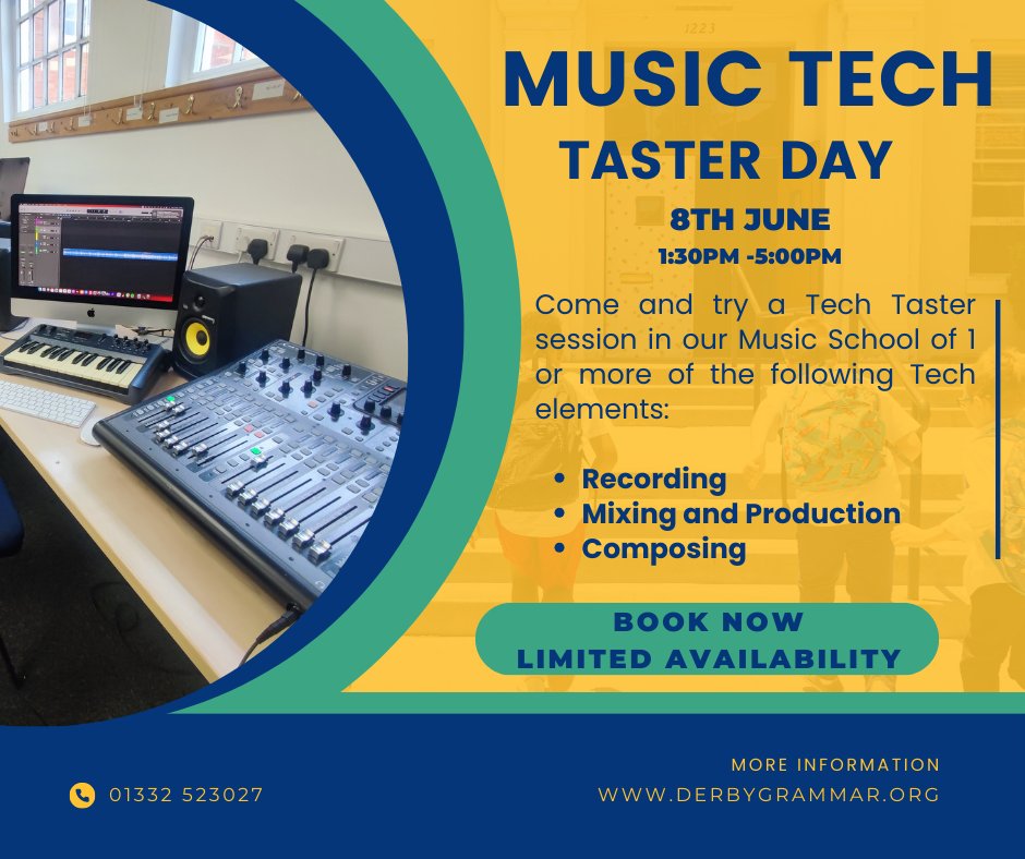 For more information and to book 1 or more sessions, Please visit our website: 

derbygrammar.org 

#musictechnology #imdependentschools #derbygrammar