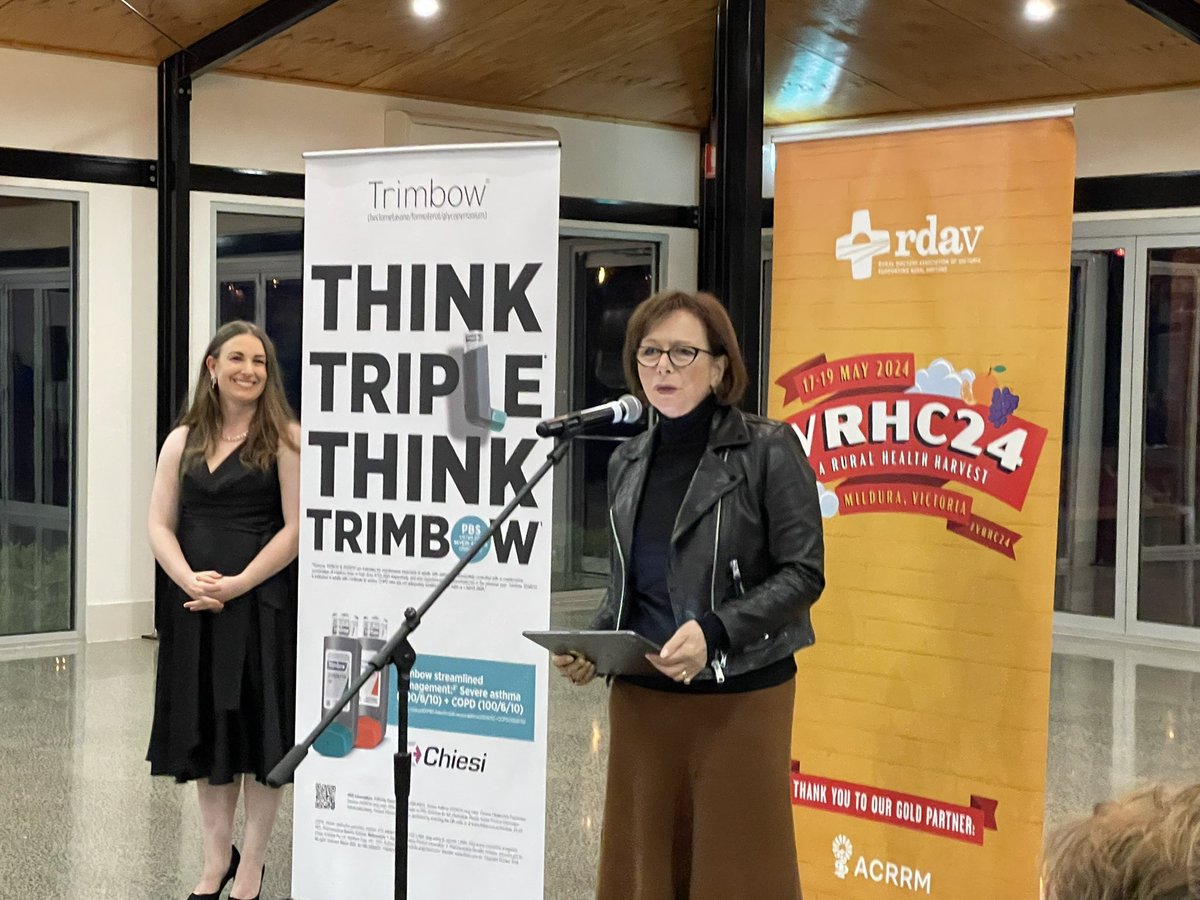 RDAV President @LouiseManning1 is joined by Shadow Assistant Regional Health Minister @AnneWebsterMP address delegates at gala dinner for Victorian Rural Health Conference 2024 #VRHC24