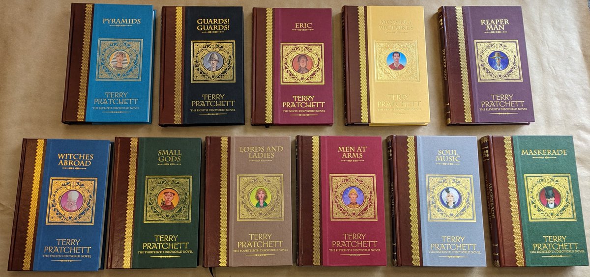 ✨Attention Terry Pratchett Fans!✨ At TOMORROWs Fantasy Con, between 3-4pm we'll be auctioning off these beautifully crafted, leather-bound editions of Terry Pratchett's works! All proceeds will go to the charity @LibrariesUnLtd to help support our local library services.