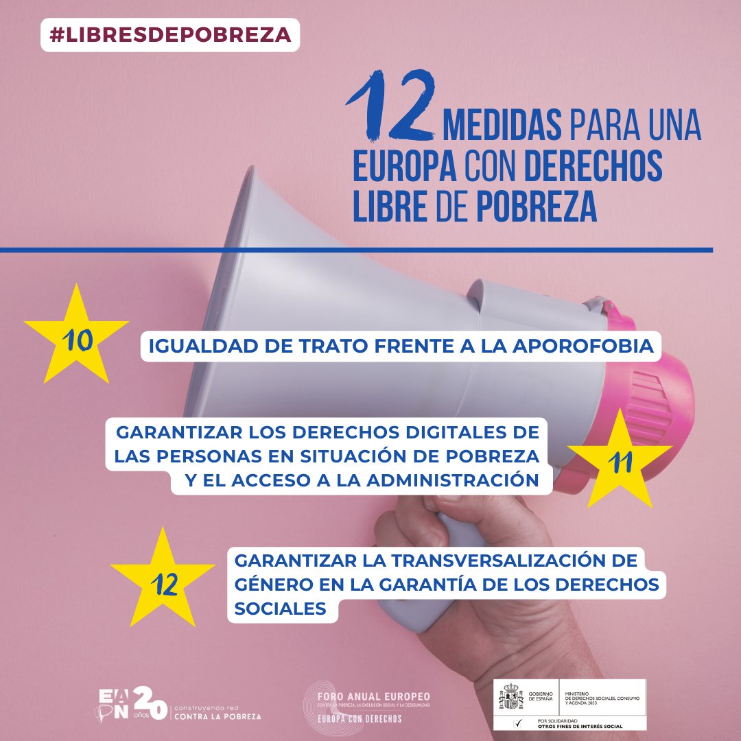 📣¡Falta un poco más de 📆3 semanas para el #9M! Desde EAPN-ES queremos trasladar la importancia de las #EleccionesEuropeas🇪🇺, para ello hemos preparado un documento con las 12 medidas para una #EuropaconDerechos Libre de Pobreza.  #LibresdePobreza