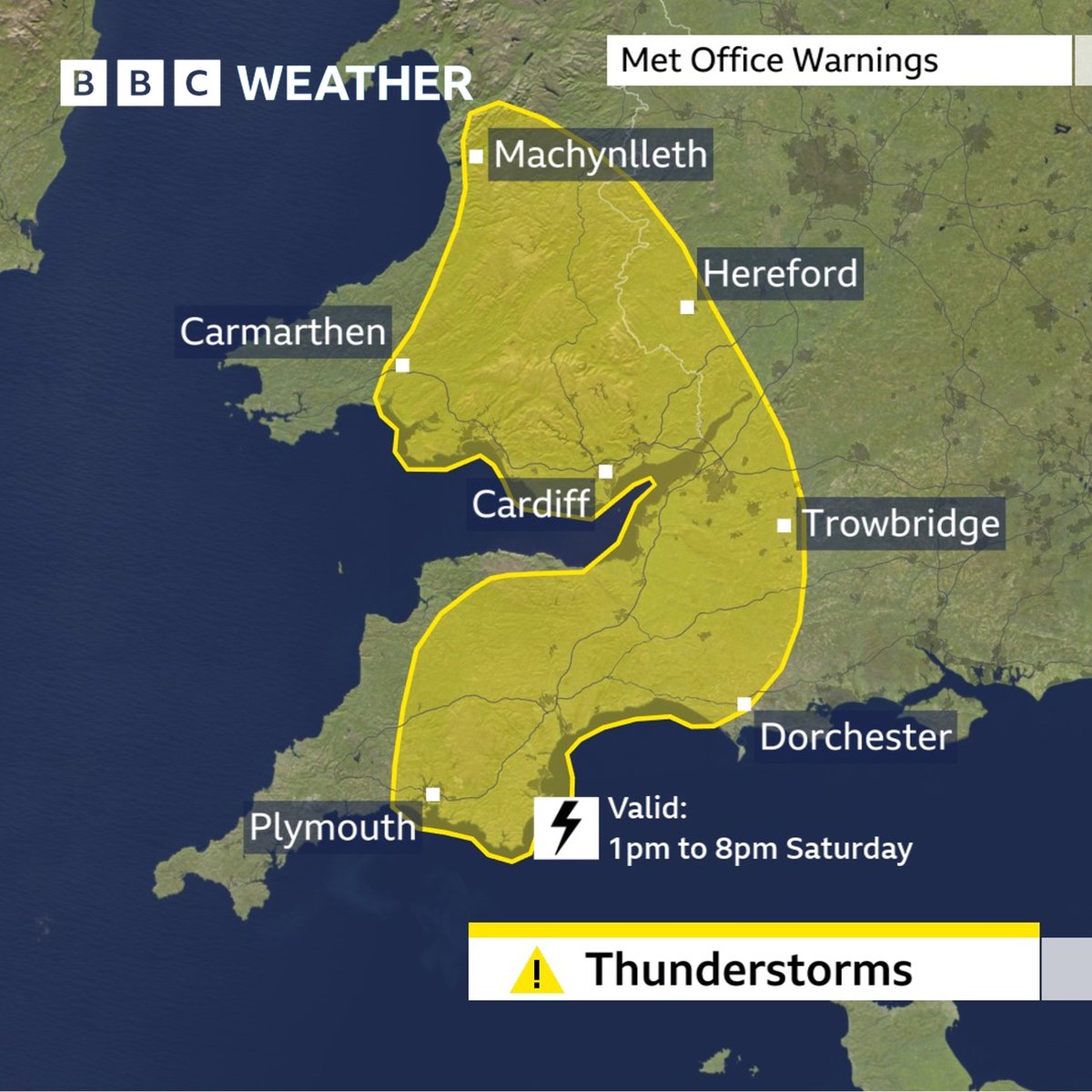 The Met Office has issued a YELLOW warning for THUNDERSTORMS this afternoon and evening, across parts of Wales and south-west England. Full details: bbc.in/3wv5JHD