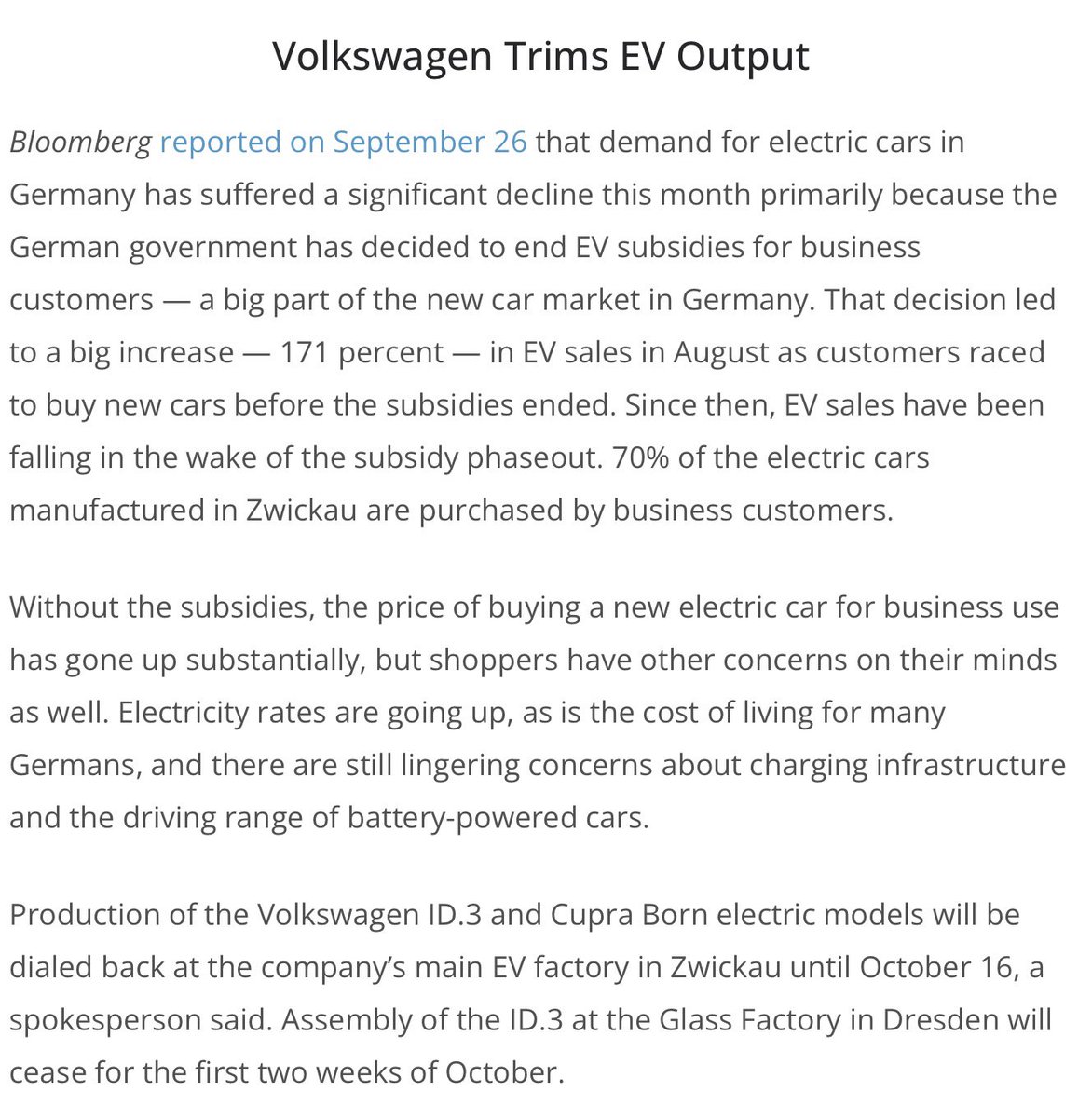 Reality bites. 
VW moves away from electric cars.
#ElectricVehicles #ElectricCars #CostofNetZero #ClimateScam 

cleantechnica.com/2023/09/30/vol…