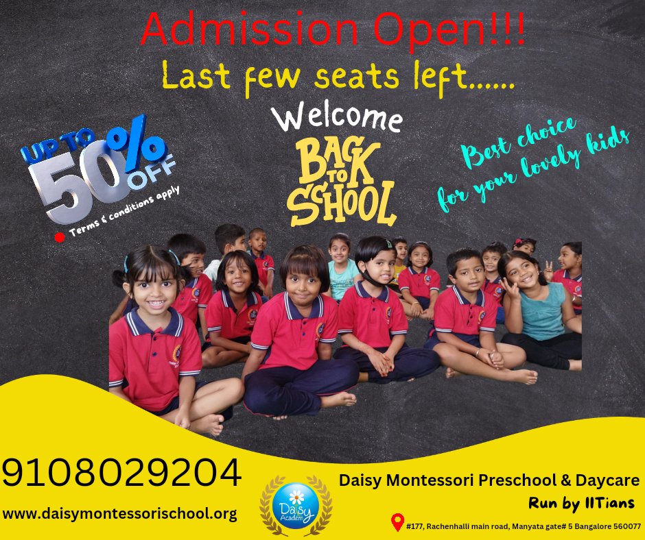Admission now open at Daisy Montessori Preschool!

Unlock the opportunity of a brighter future for your little one at Daisy!
Secure their spot today!

Call Now 9108029204
A place where fun and learning go hand in hand!

#daisymontessori #daycare #Childcare #childdevelopment